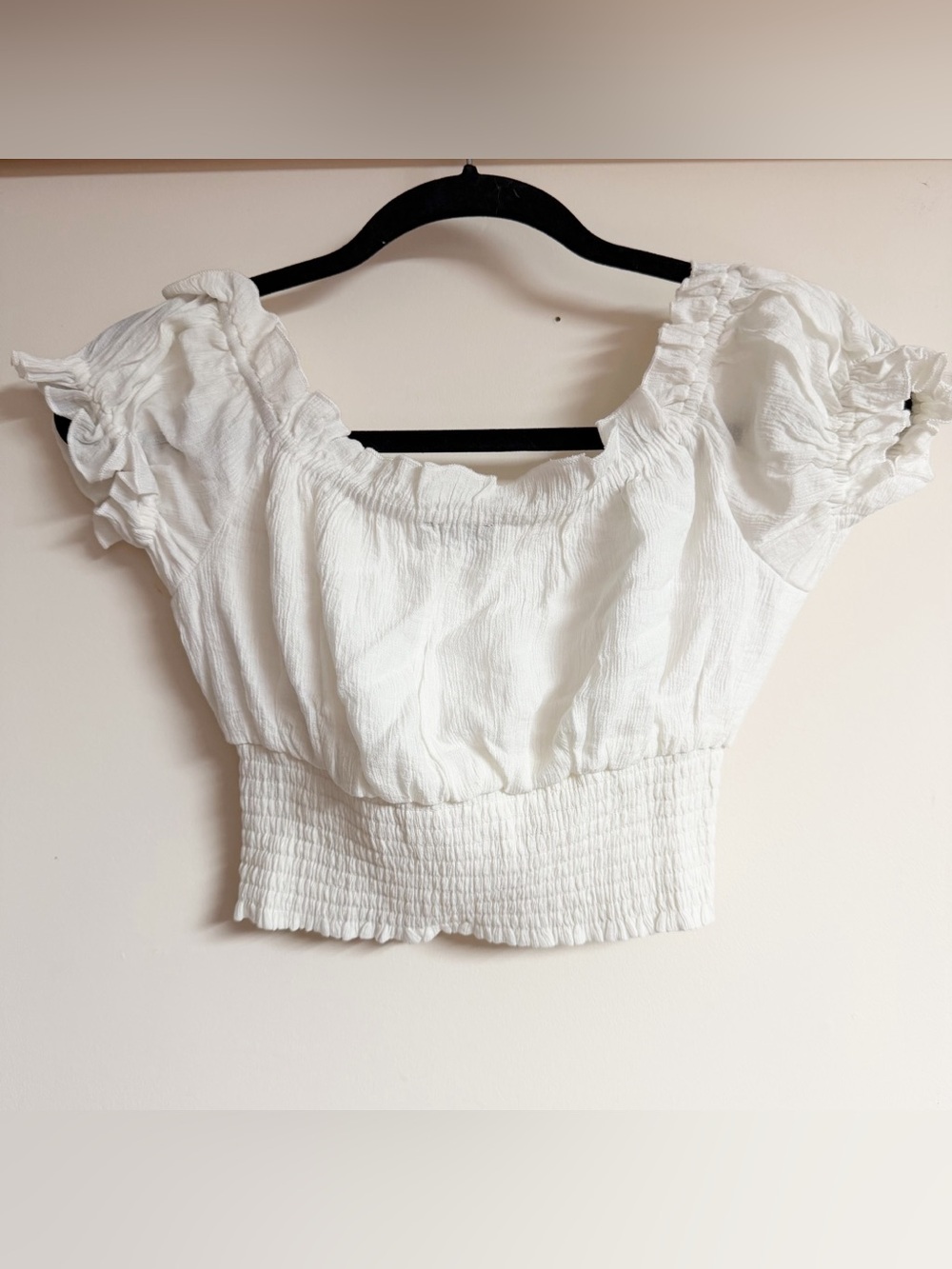 MAJORELLE White Smocked Peasant Crop Top with Tie Size XS - Picture 4 of 6